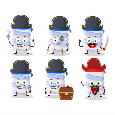 Değişik korsan simgeleriyle mavi şekerlemeli çizgi film karakteri. Vektör illüstrasyonu