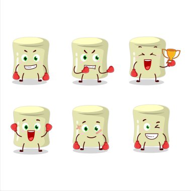 Sportif bir muz şekerlemesi boks sporu çizgi film maskotu tasarımı. Vektör illüstrasyonu