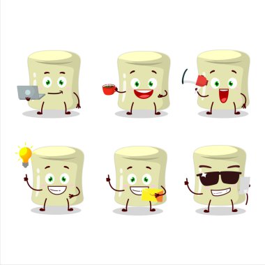 Çeşitli iş simgelerine sahip muzlu marshmallow çizgi film karakteri. Vektör illüstrasyonu