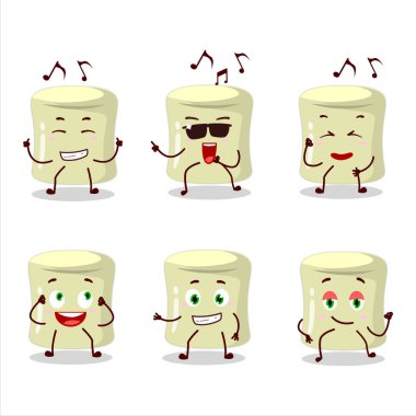 Müzikten hoşlanan muzlu marshmallow dansçısı çizgi film karakteri. Vektör illüstrasyonu