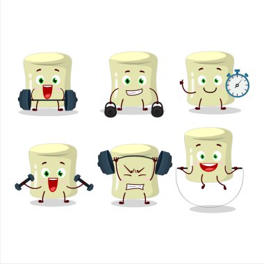 Sağlıklı bir muz marşmelovu çizgi film stili Fitness merkezinde bazı aletler deniyor. Vektör illüstrasyonu