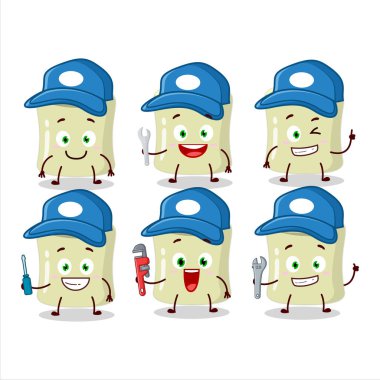 Teknisyen, muz şekerlemesi, kerpetenle sevimli maskot karakteri. Vektör illüstrasyonu