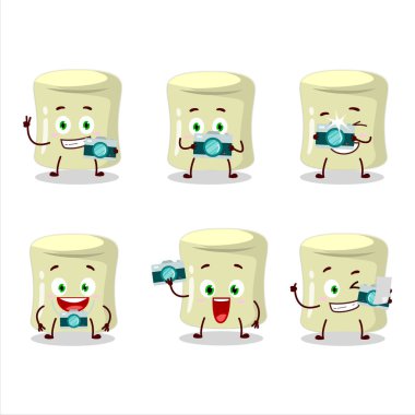 Muzlu lokum çizgi film karakteri ile fotoğrafçılık mesleği simgesi. Vektör illüstrasyonu