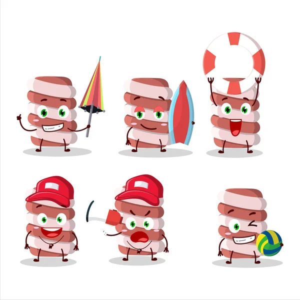 Happy Face Red Marshmallow Twist Zeichentrickfigur Die Einem Strand Spielt — Stockvektor