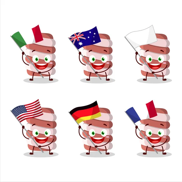 Red Marshmallow Twist Cartoon Figur Bringen Die Flaggen Der Verschiedenen — Stockvektor