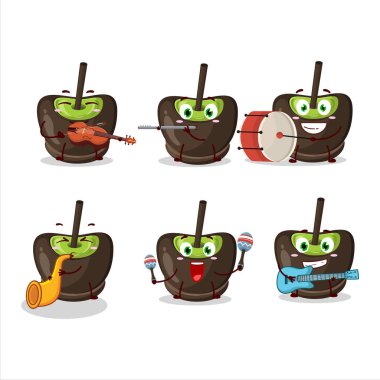 Çikolata şekerli çizgi film karakteri müzik enstrümanları çalıyor. Vektör illüstrasyonu