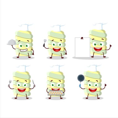 Sarı şekerlemeli çizgi film karakteri ve çeşitli şef ifadeleri. Vektör illüstrasyonu