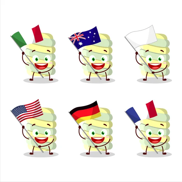 Yellow Marshmallow Twist Cartoon Character Bring Flags Various Countries Vector — Stock Vector
