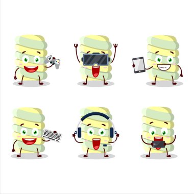 Sarı lokum kıvrımlı çizgi film karakteri çeşitli şirin duygu simgeleriyle oyunlar oynuyor. Vektör illüstrasyonu