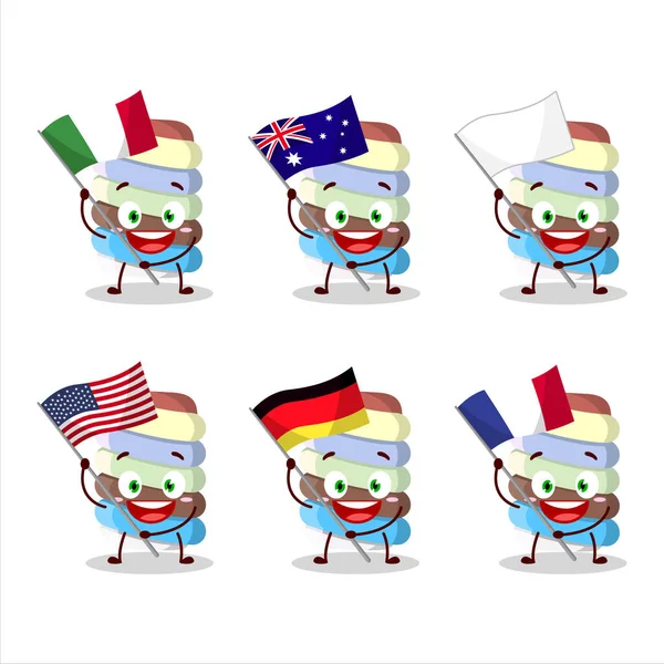 Arcobaleno Marshmallow Torsione Personaggio Dei Cartoni Animati Portare Bandiere Vari — Vettoriale Stock