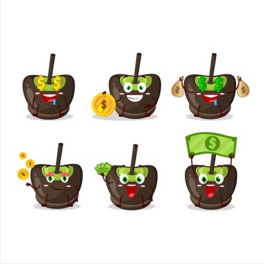 Çikolata şekerli çizgi film karakteri, şirin ifadeli para getiriyor. Vektör illüstrasyonu