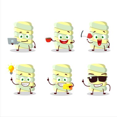 Değişik iş simgelerine sahip sarı lokum kıvrımlı çizgi film karakteri. Vektör illüstrasyonu