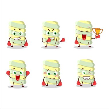 Sportif sarı marşmelov kıvrımlı boks sporcusu maskot tasarımı. Vektör illüstrasyonu