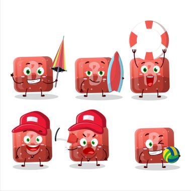 Happy Face kırmızı şekerleme B çizgi film karakteri plajda oynuyor. Vektör illüstrasyonu