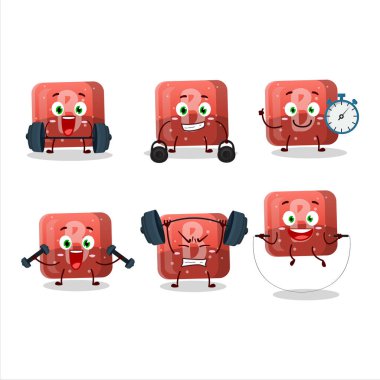 Sağlıklı kırmızı jelibon B çizgi film stili Fitness merkezinde bazı aletler deniyor. Vektör illüstrasyonu