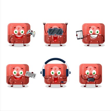 Kırmızı şekerli B çizgi film karakteri çeşitli şirin ifadelerle oyunlar oynuyor. Vektör illüstrasyonu