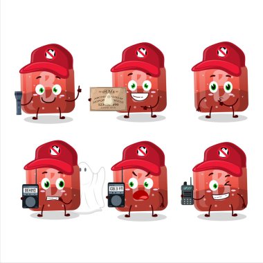 Hayalet avcısı çizgi film kırmızı jelibon B karakteri kamera kullanıyor. Vektör illüstrasyonu