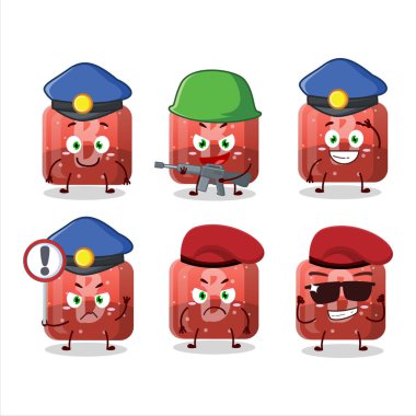 Kırmızı şekerli B maskot tasarımlı kendini işine adamış bir polis memuru. Vektör illüstrasyonu