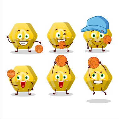 Basketbol atleti olarak yetenekli sarı jelibon D çizgi film karakteri. Vektör illüstrasyonu