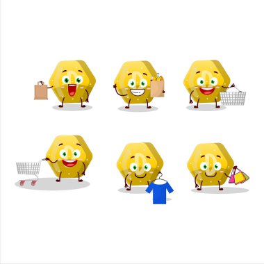 Zengin sarı şekerli D maskotu tasarımı alışverişe gidiyor. Vektör illüstrasyonu