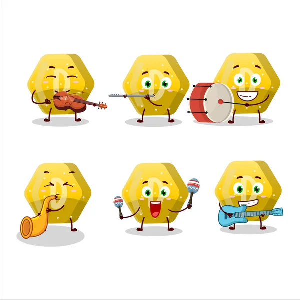 Kreskówkowy Charakter Żółtego Gumowego Cukierka Grającego Instrumentach Muzycznych Ilustracja Wektora — Wektor stockowy