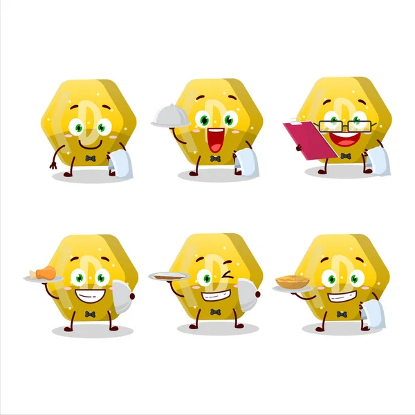 Happy Yellow Gummy Candy Waiter Cartoon Character Holding Plate Vector — Stock Vector