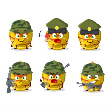 Çekici bir asker, sarı şekerli bir çizgi film karakteri bir silah makinesi getiriyor. Vektör illüstrasyonu