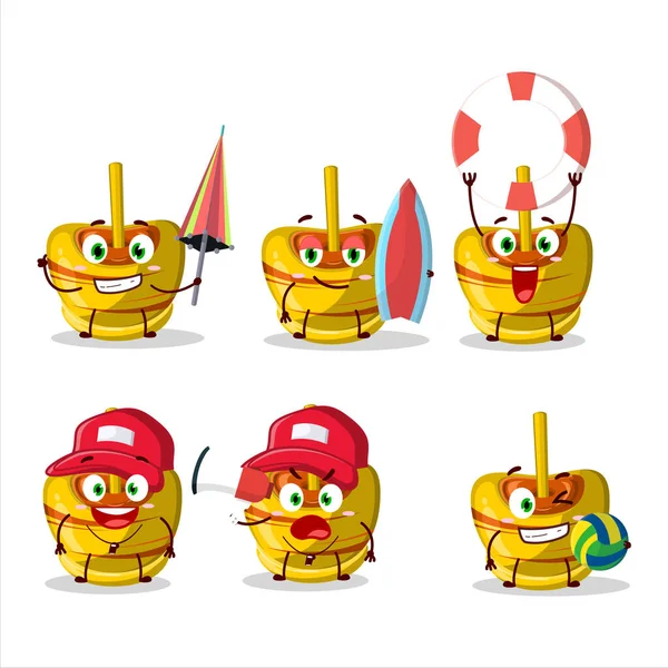 Happy Face Yellow Sugar Candy Cartoon Character Playing Beach Vector — Stock Vector