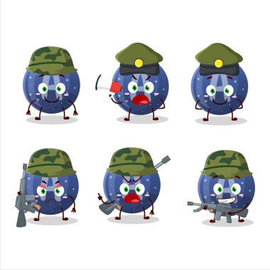 Çekici mavi şekerli bir asker çizgi film karakteri bir silah makinesi getiriyor. Vektör illüstrasyonu