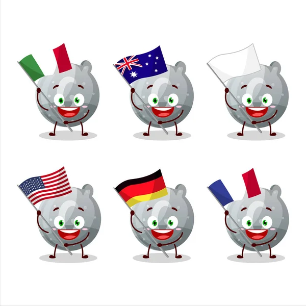 Grigio Caramelle Gommose Personaggio Dei Cartoni Animati Portare Bandiere Vari — Vettoriale Stock