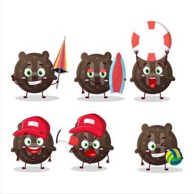 Happy Face çikolatalı jelibon H çizgi film karakteri sahilde oynuyor. Vektör illüstrasyonu