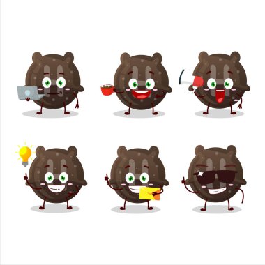 Çikolatalı şekerleme, H çizgi film karakteri ve çeşitli iş simgeleri. Vektör illüstrasyonu