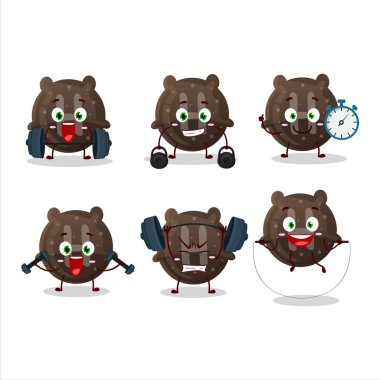 Sağlıklı bir çikolatalı şekerleme çizgi film stili Fitness merkezinde bazı aletler deniyor. Vektör illüstrasyonu