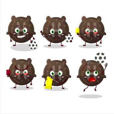 Futbol hakemi olarak çalışan çikolatalı şekerleme H çizgi film karakteri. Vektör illüstrasyonu