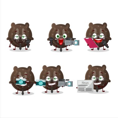 Karakter muhabiri çikolatalı sakızlı H şekeri. Mikrofonlu sevimli maskot. Vektör illüstrasyonu