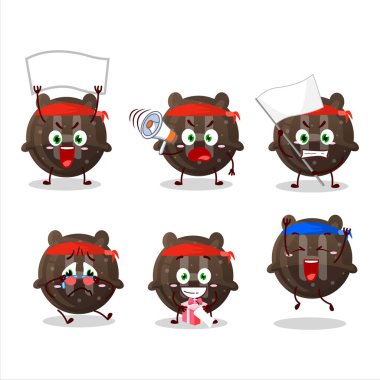 Çekici bir destekçi olarak çikolatalı şekerleme karakterinin maskot tasarımı. Vektör illüstrasyonu