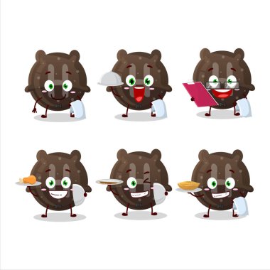 Çikolatalı şekerleme, garson çizgi film karakteri elinde tabak tutuyor. Vektör illüstrasyonu