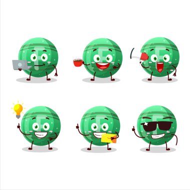 Değişik iş simgeleri olan yeşil şekerli F çizgi film karakteri. Vektör illüstrasyonu