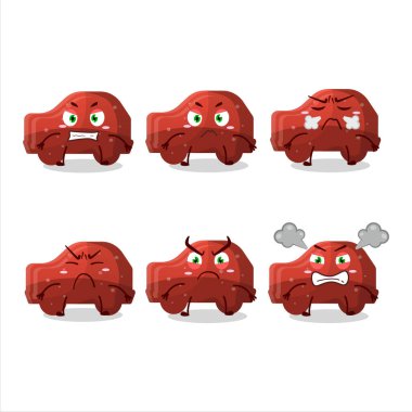 Kırmızı araba sakızlı şeker çizgi film karakteri ve değişik kızgın ifadeler. Vektör illüstrasyonu