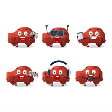 Kırmızı araba sakızlı şeker çizgi film karakteri çeşitli şirin emoticonlarla oyunlar oynuyor. Vektör illüstrasyonu