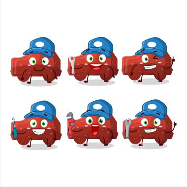 Mekanik kırmızı araba jelibonu şeker sevimli maskotun pensesi var. Vektör illüstrasyonu