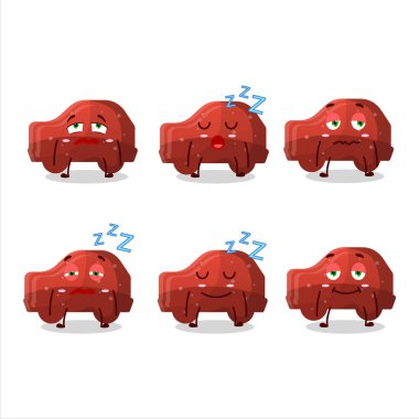 Kırmızı araba jelibon şekeri ve uykulu yüz ifadesi olan çizgi film karakteri. Vektör illüstrasyonu