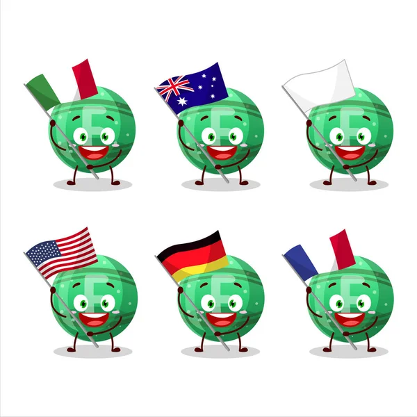 Grön Gummy Godis Tecknad Karaktär Föra Flaggor Olika Länder Vektorillustration — Stock vektor