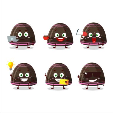 Çikolatalı jelibon şekerli çizgi film karakteri ve çeşitli iş simgeleri. Vektör illüstrasyonu