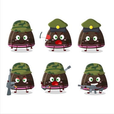 Çekici bir asker çikolatalı jelibon şekerli karikatür bir silah makinesi getirdi. Vektör illüstrasyonu