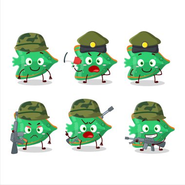 Çekici asker bir balık yeşil jelibon şekerli çizgi film resmi bir silah makinesi getiriyor. Vektör illüstrasyonu