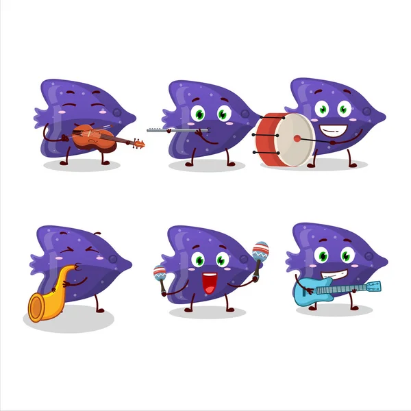 Cartoon Postać Ryby Fioletowy Gumowe Cukierki Grając Instrumentach Muzycznych Ilustracja — Wektor stockowy