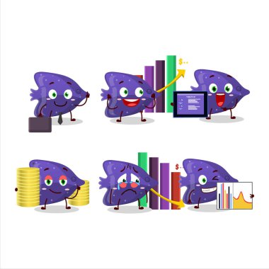 Balık mor şekerleme karakteri ticari yatırım maskotu olarak tasarlıyor. Vektör illüstrasyonu