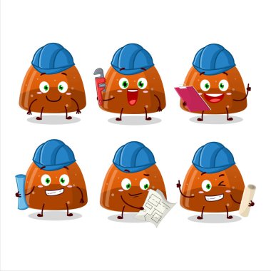 Mimar portakallı jelibon jelibon şeker sevimli maskotun pensesi var. Vektör illüstrasyonu