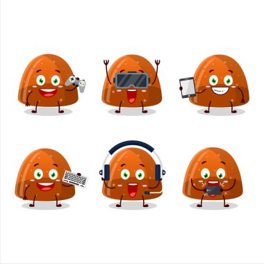 Portakallı jelibon şekerli çizgi film karakteri çeşitli şirin ifadelerle oyunlar oynuyor. Vektör illüstrasyonu